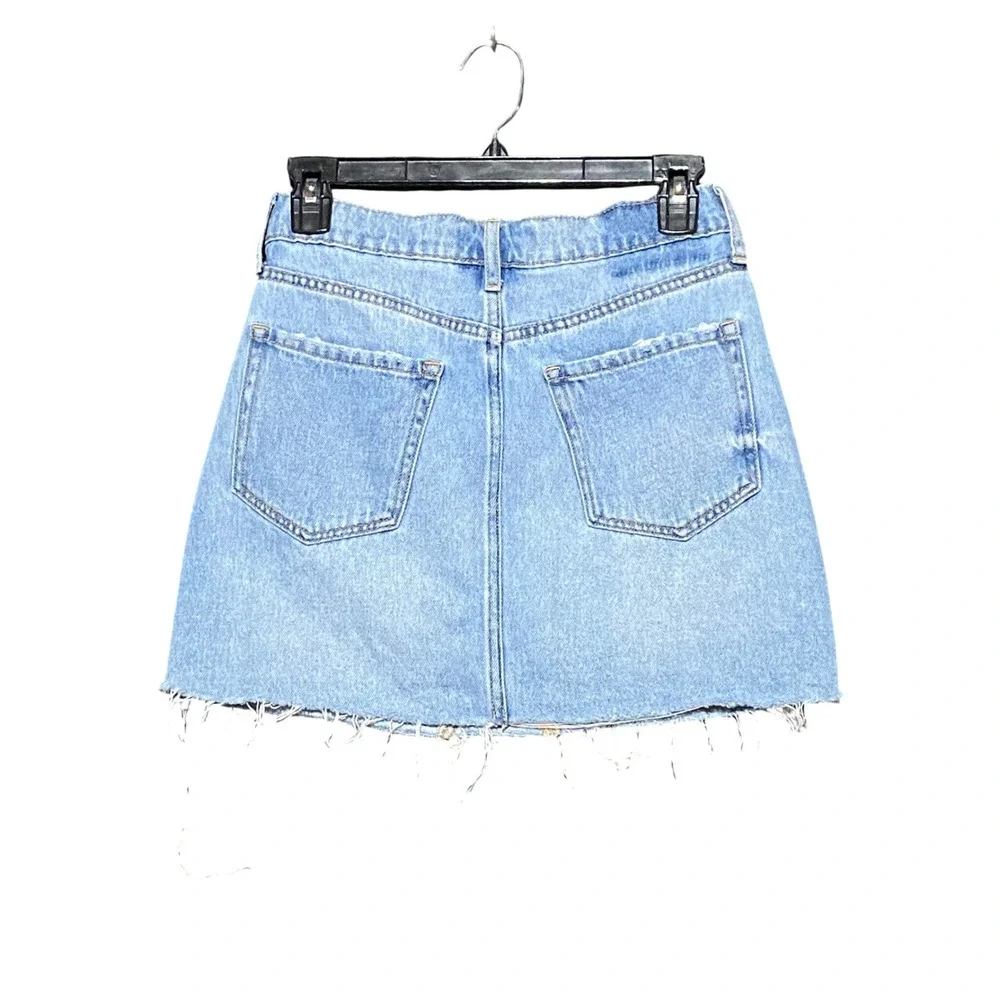 Aeropostale High Rise Denim Mini Skirt Size 0 Light Wash Raw Hem Button Fly Boho